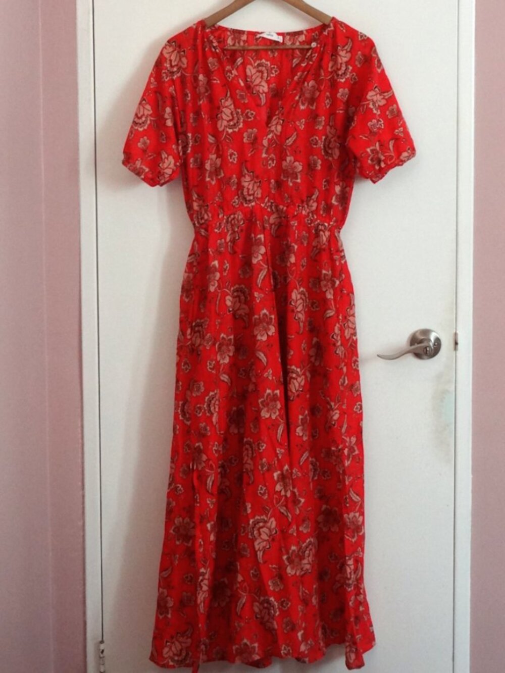 Red Floral Cottagecore Maxi Dress 100% Cotton